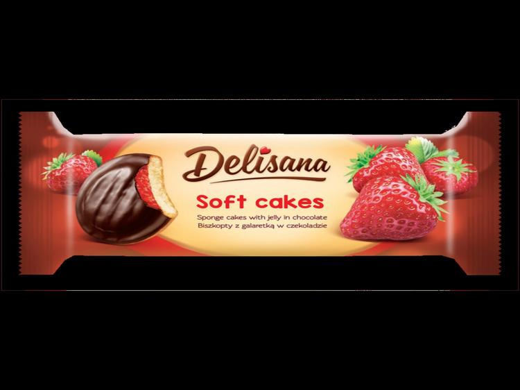 Delisana Soft Cakes pehmeä leivoskeksi mansikka 135g mansikanmakuisella hyytelöllä (52%) suklaakuorrutteella.