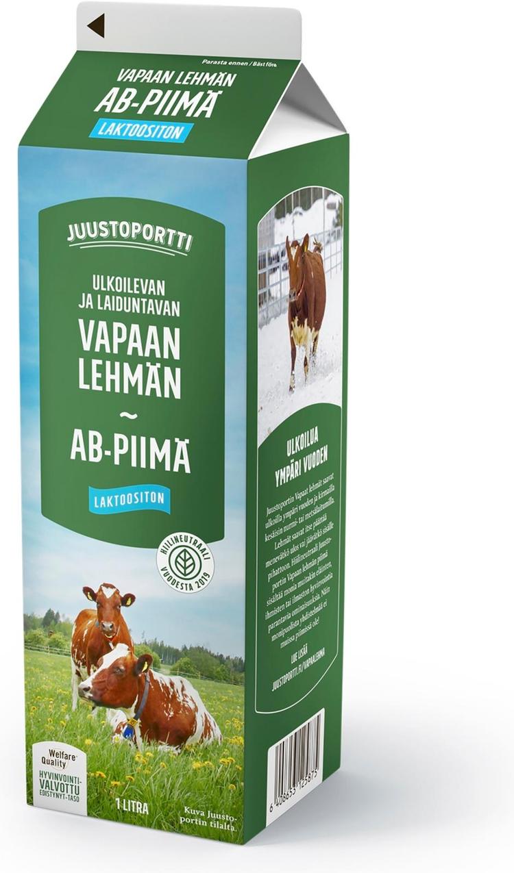 Juustoportti Vapaan lehmän AB-piimä 1 l laktoositon