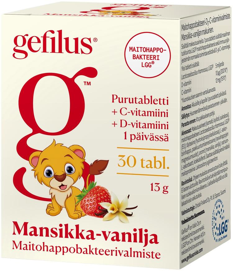 Gefilus mansikka maitohappobakteeri-D3-C-vitamiinivalmiste purutabletti 30tabl 13g gravintolisä