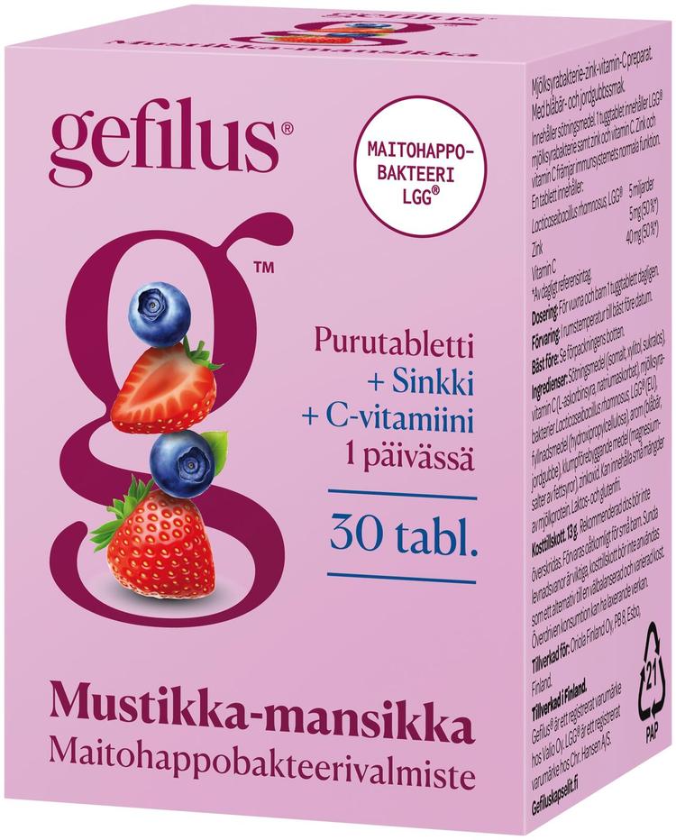 Gefilus mustikka-mansikka C+Sinkki maitohappobakteeri-vitamiinivalmiste purutabletti 30tabl ravintolisä