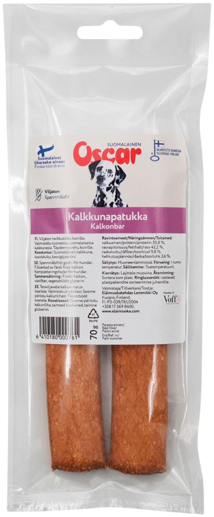 Oscar Kalkkunapatukka 70 g koirille täydennysrehu
(kahden kappaleen paketti)