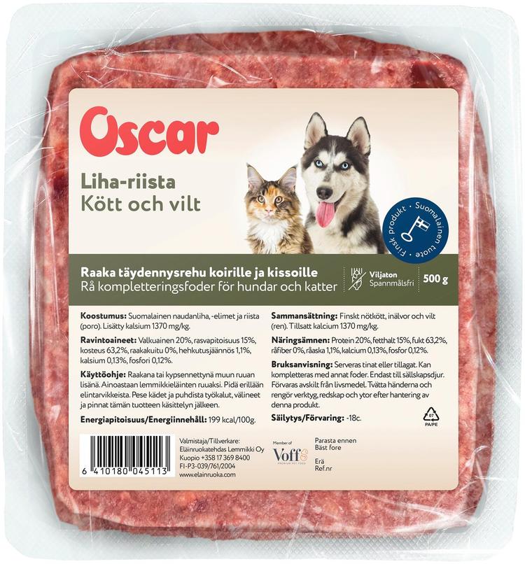 Oscar Liha-riista raaka täydennysravinto koirille ja kissoille 500g