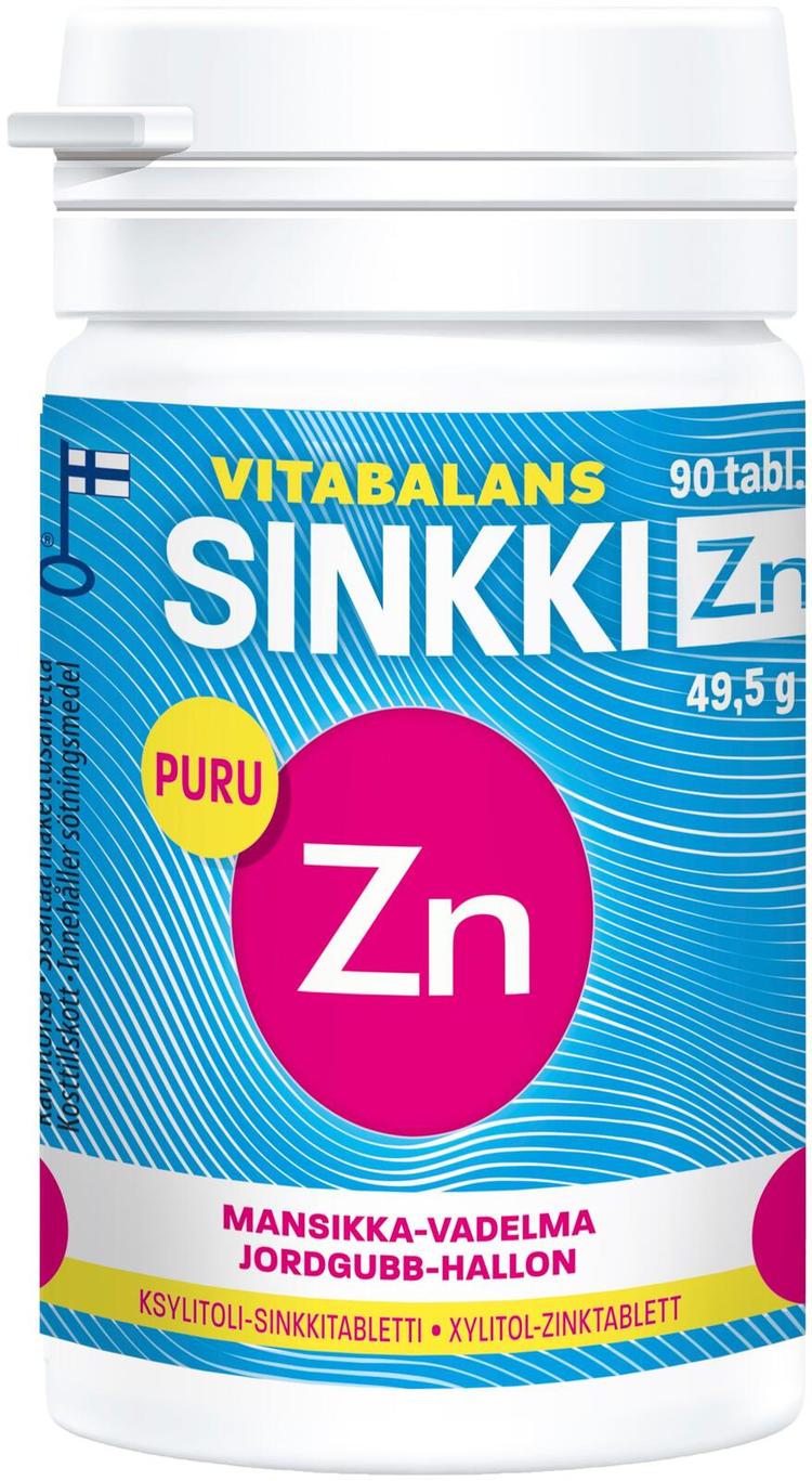 Vitabalans sinkki Zn 90 tabl., mansikan ja vadelman makuinen purutabletti