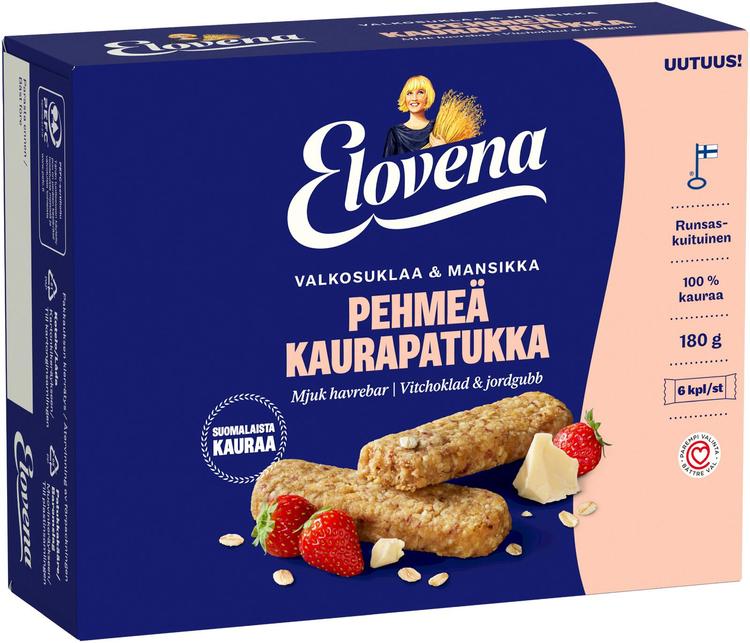 Elovena 6x30g valkosuklaa-mansikka pehmeä kaurapatukka