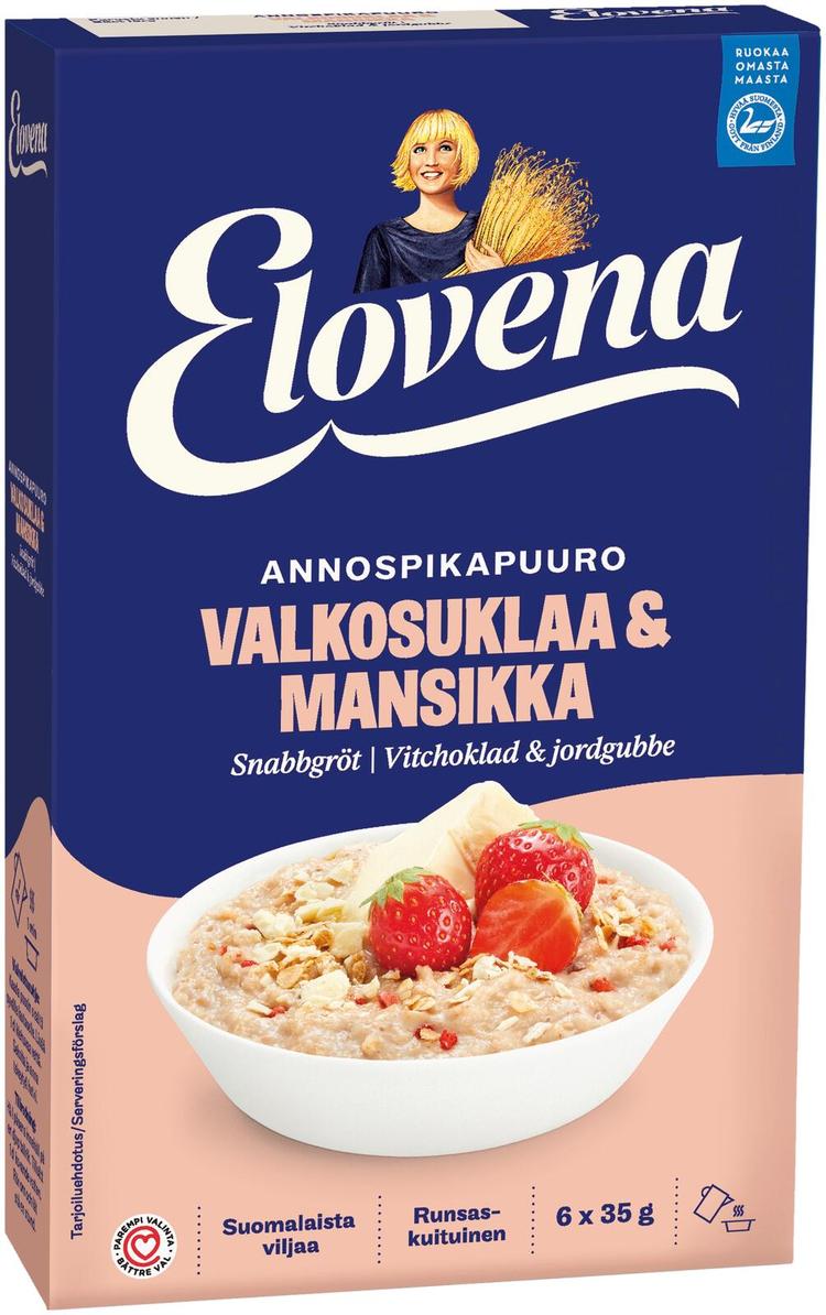 Elovena 210g valkosuklaa-mansikka annospikapuuro