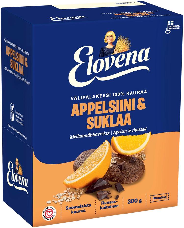 Elovena 10x30g appelsiini-suklaa täysjyvä välipalakeksi 100% kauraa