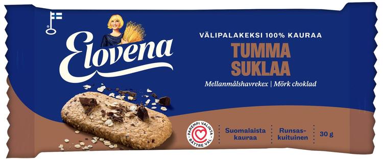 Elovena 30g tumma suklaa välipalakeksi 100% kauraa