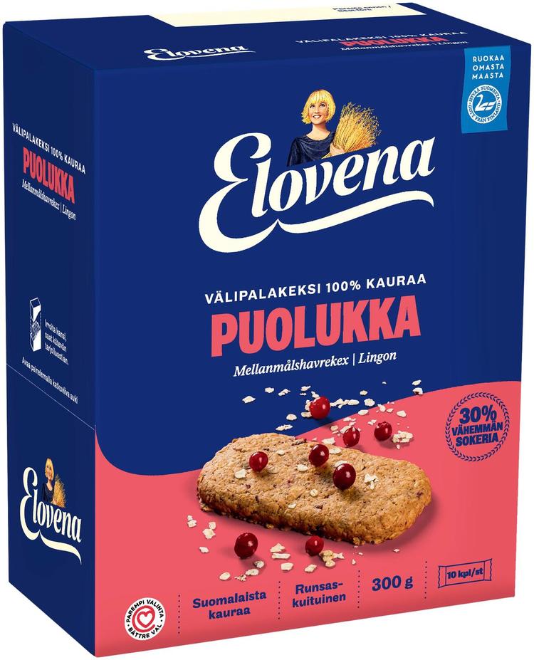 Elovena 10X30g kaura-puolukka täysjyvä välipalakeksi 100% kauraa