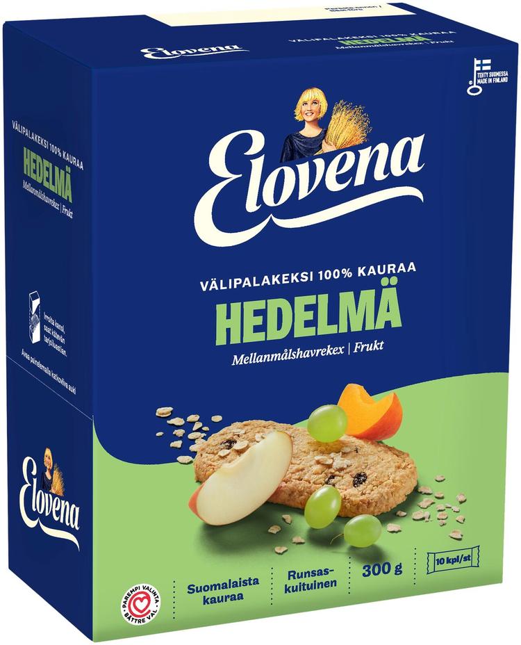 Elovena 10x30g kaura-hedelmä täysjyvä välipalakeksi 100% kauraa