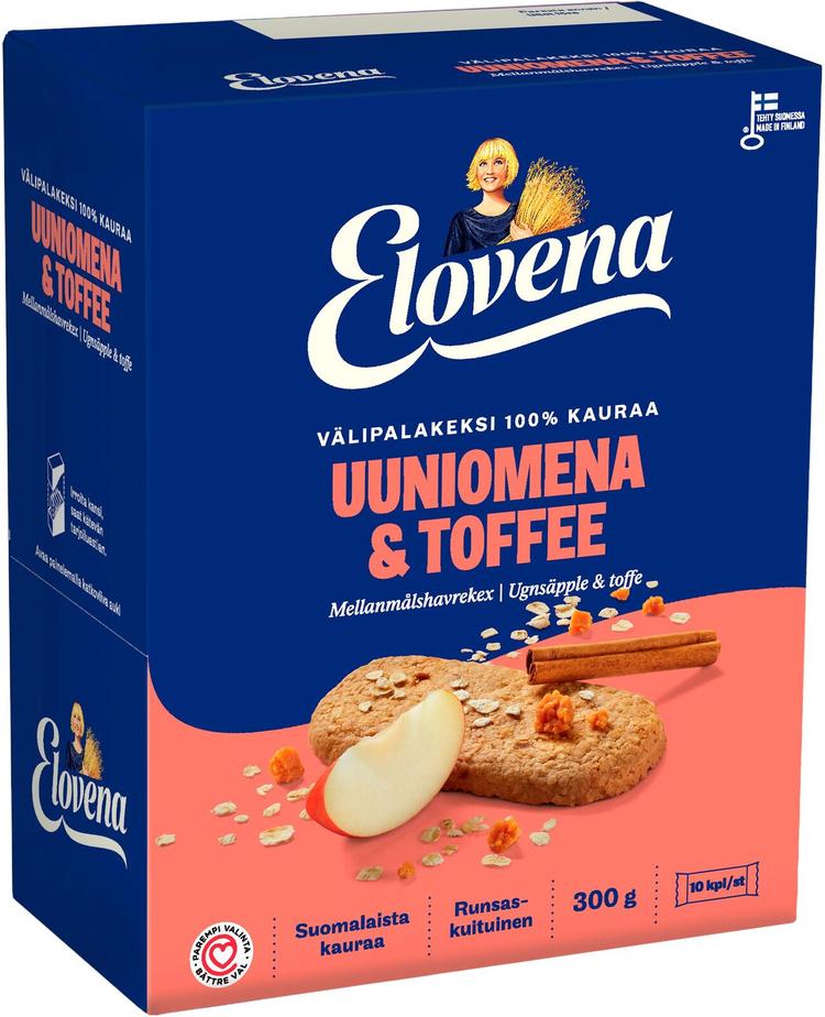 Elovena 10x30g uuniomena-toffee välipalakeksi 100% kauraa