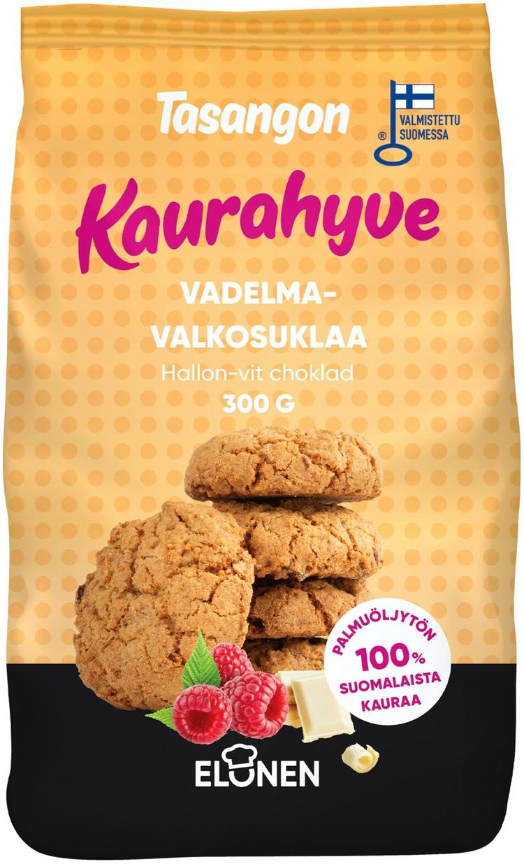 Tasangon kaurahyve vadelma-valkosuklaapikkuleipä 100% kaura 300g