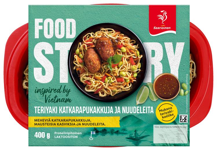 Saarioinen Teriyaki katkarapukakkuja ja nuudeleita; katkarapupyöryköitä ja maustettuja nuudeleita+teriyakikastike 400g