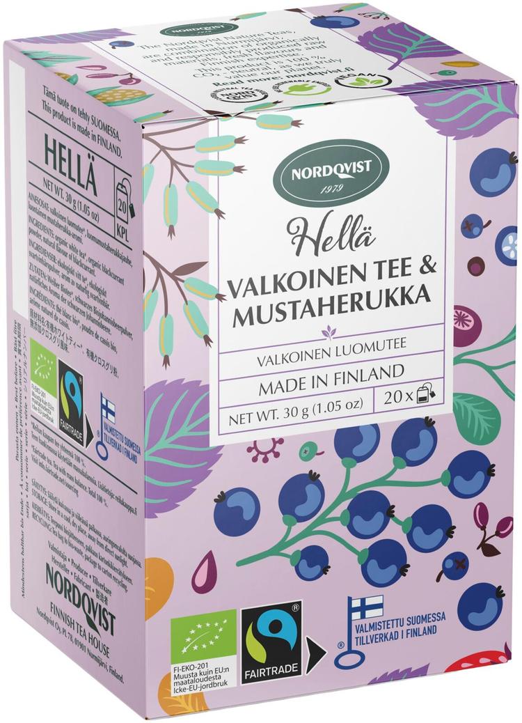 Nordqvist Hellä valkoinen tee & mustaherukka 20x1,5g luomu & Reilu kauppa