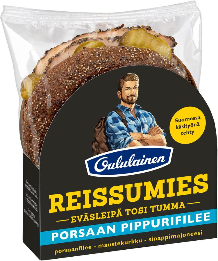 Oululainen Reissumies Eväsleipä Tosi Tumma Porsaan pippurifilee 150g porsaanfilee, maustekurkku, sinappimajoneesi täytetty täysjyväruisleipä