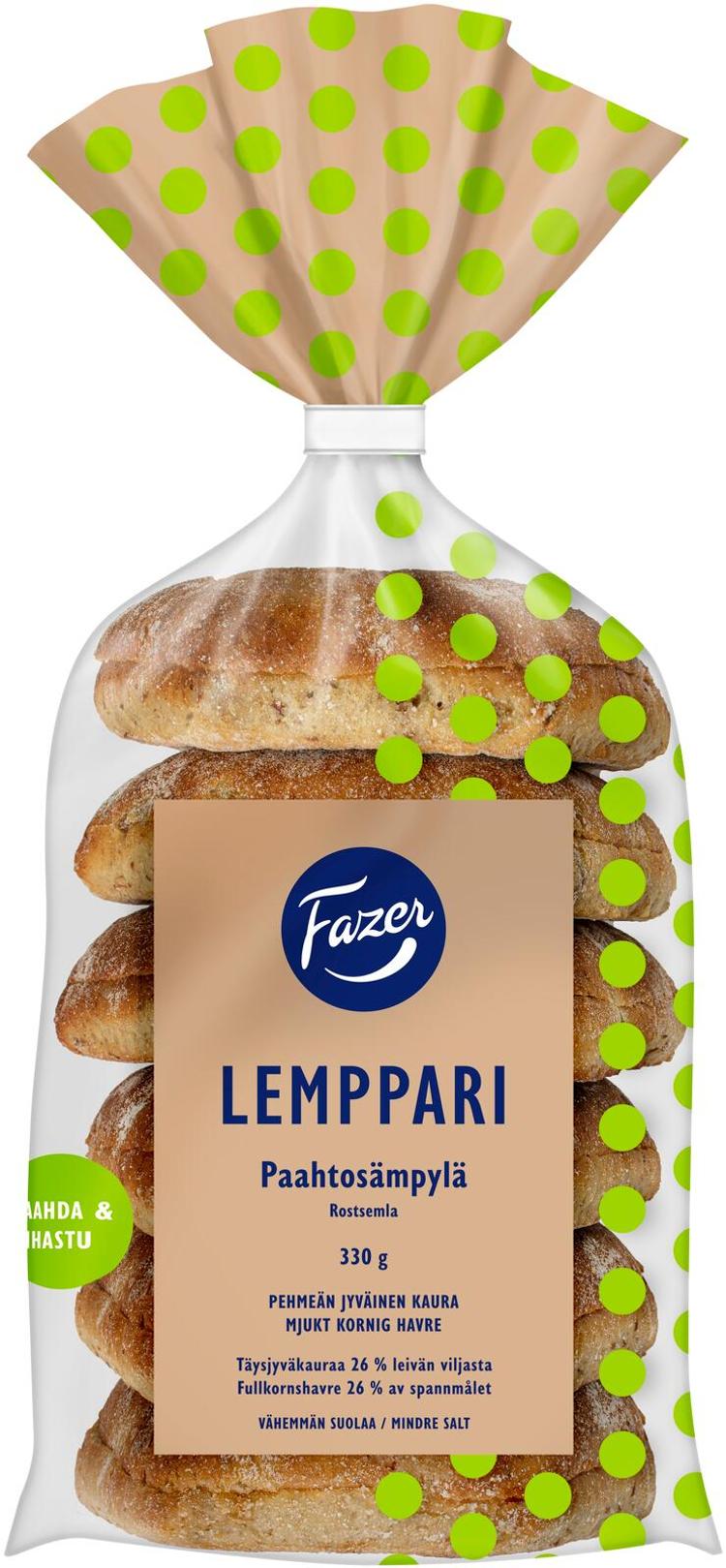 Fazer Lemppari Paahtosämpylä Pehmeän jyväinen kaura 6kpl 330g, moniviljasämpylä