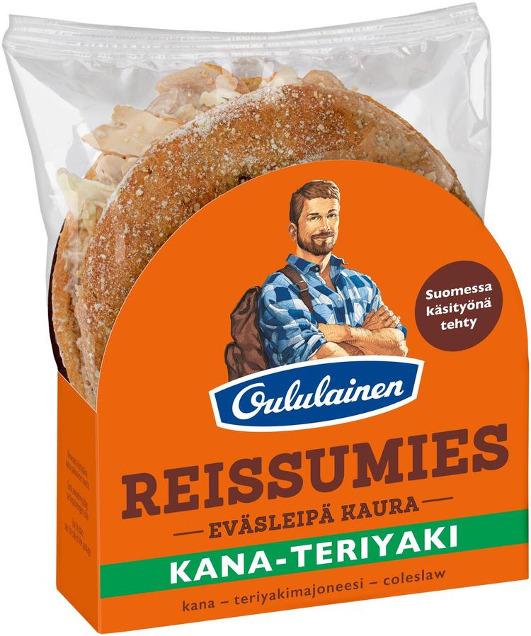 Oululainen Reissumies Eväsleipä Kaura Kana-teriyaki 153g, täytetty kauraleipä kana-teriyakimajoneesi-coleslaw