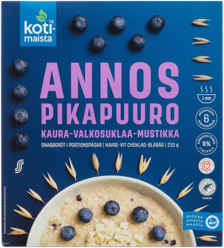 Kotimaista annospikapuuro kaura-valkosuklaa-mustikka 210 g (6 x 35 g)