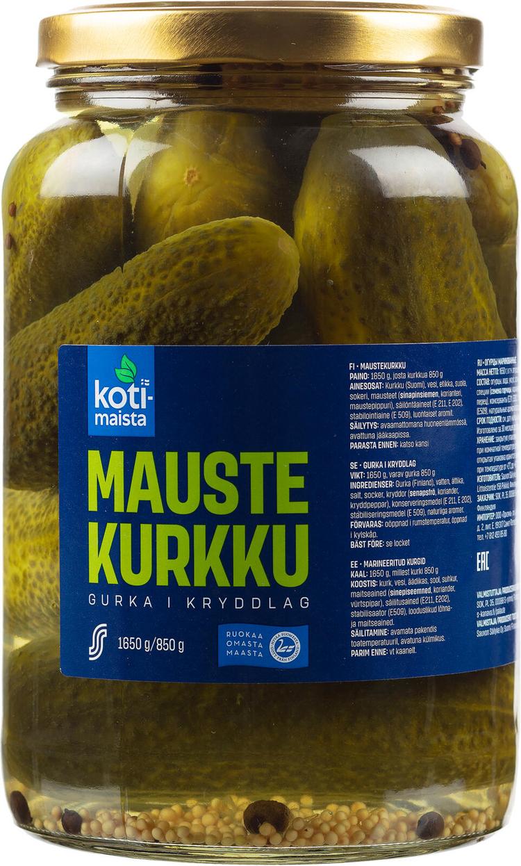 Kotimaista 1650/850 g kokonaisia kurkkuja mausteliemessä