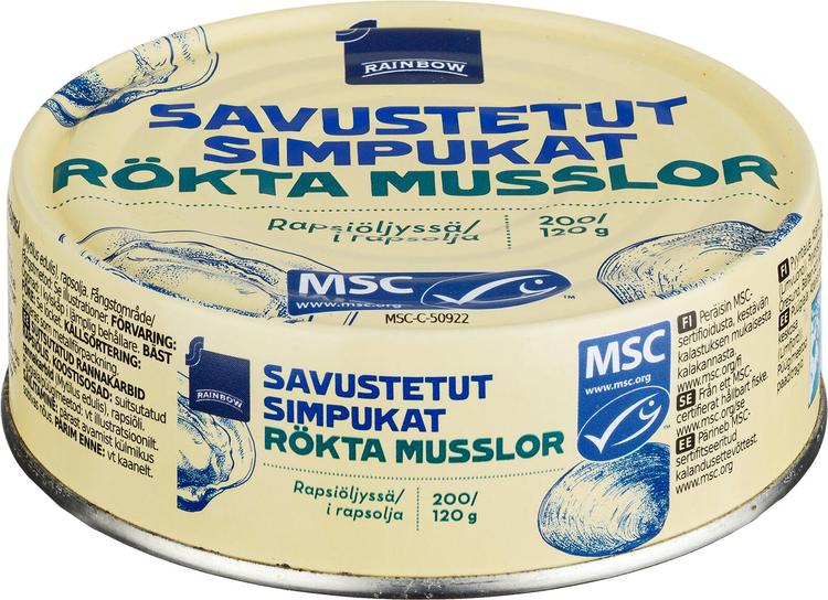 Rainbow 200/120g savustetut simpukat rapsiöljyssä MSC