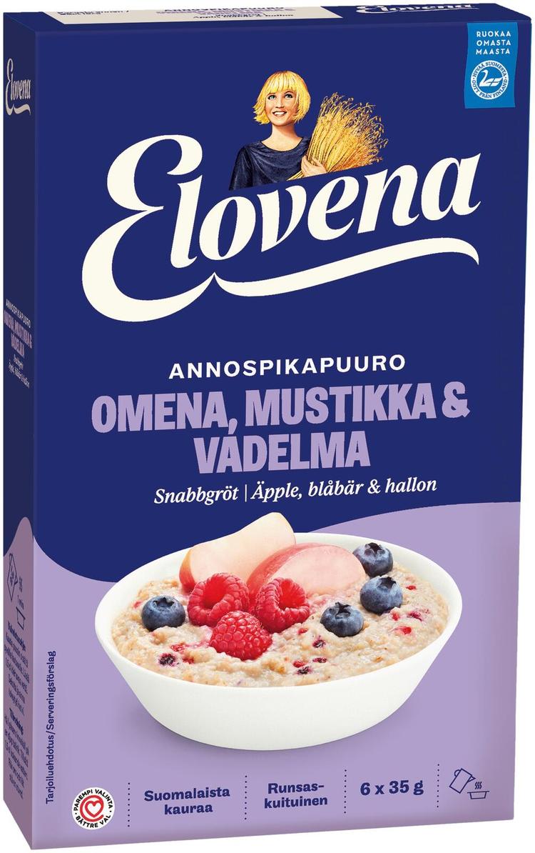 Elovena 210g omena, mustikka & vadelma annospikapuuro