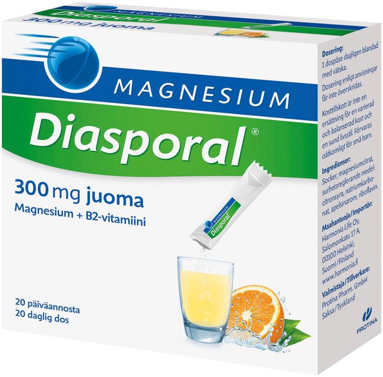 Diasporal appelsiininmakuinen magnesium juomajauhe 300mg ravintolisä 100g/20kpl