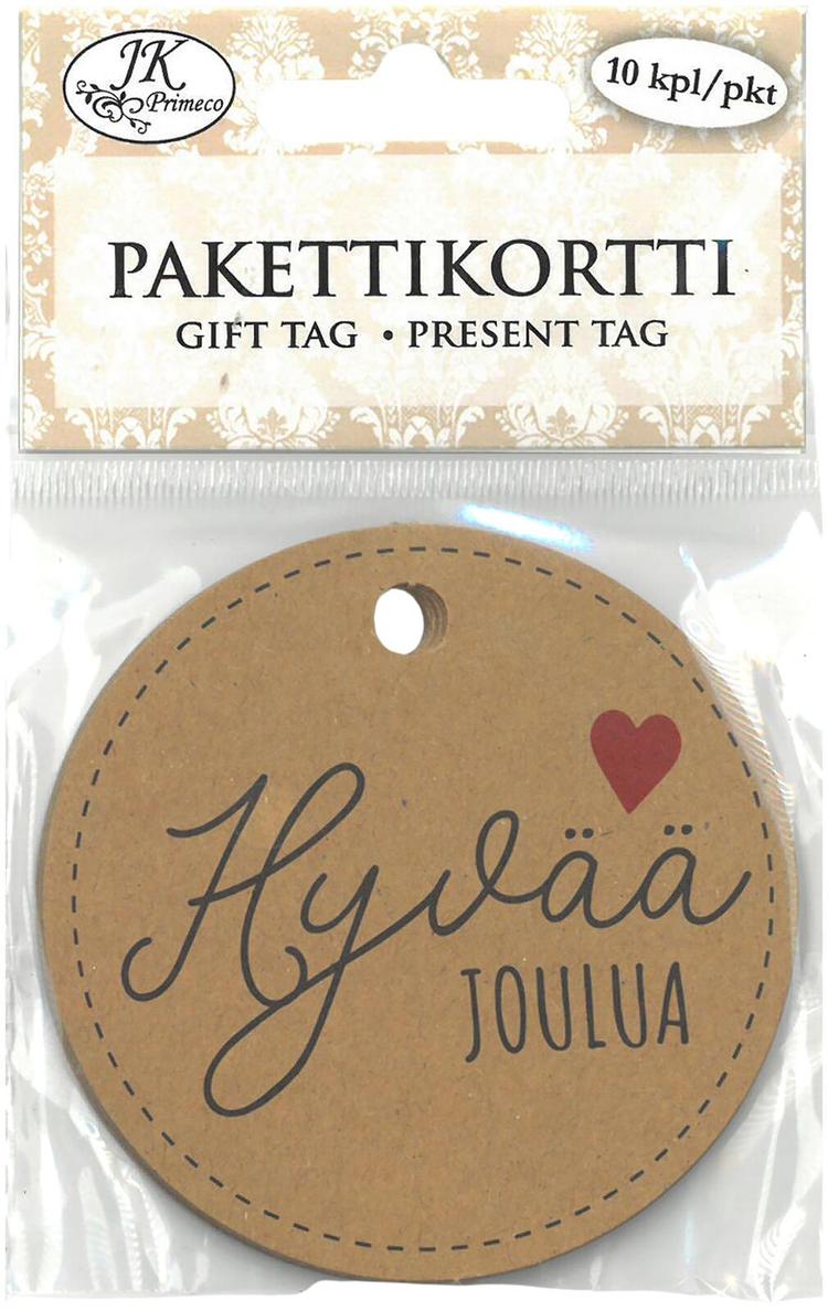 J.K. Primeco Pakettikortti pyöreä Jouluteksti musta-ruskea 10kpl