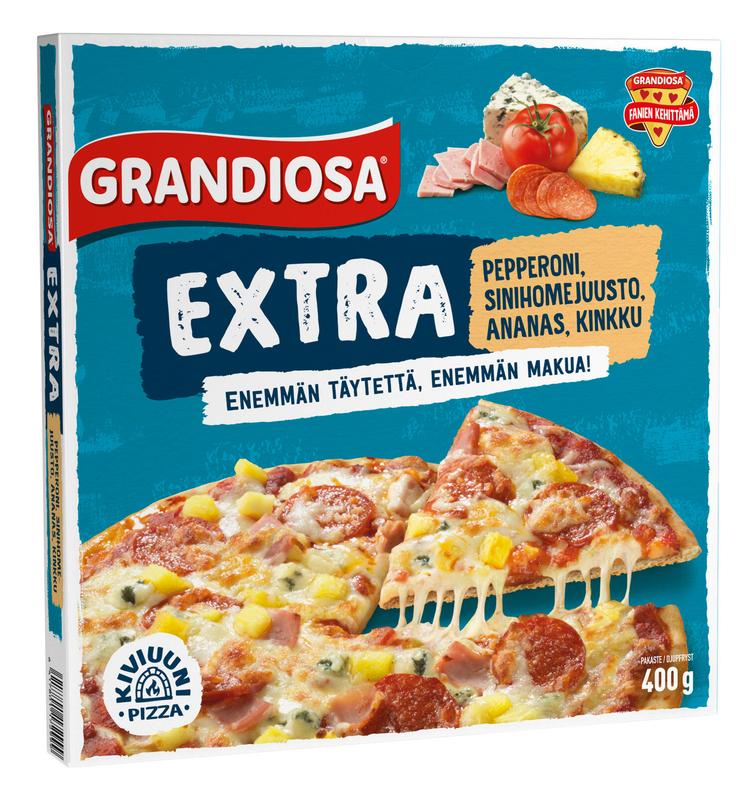 Grandiosa Extra pepperoni, sinihomejuusto, ananas ja kinkku kiviuuni pakastepizza 400g