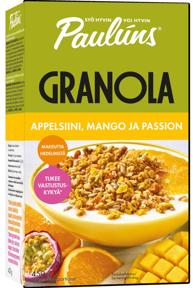 Paulúns appelsiini-mango-passiohedelmä granola muromysli 450g