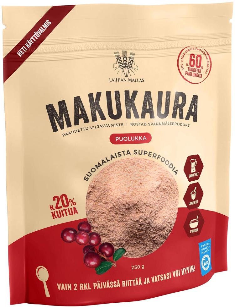 Laihian Makukaura paahdettu viljavalmiste puolukka runsaskuituinen 250 g