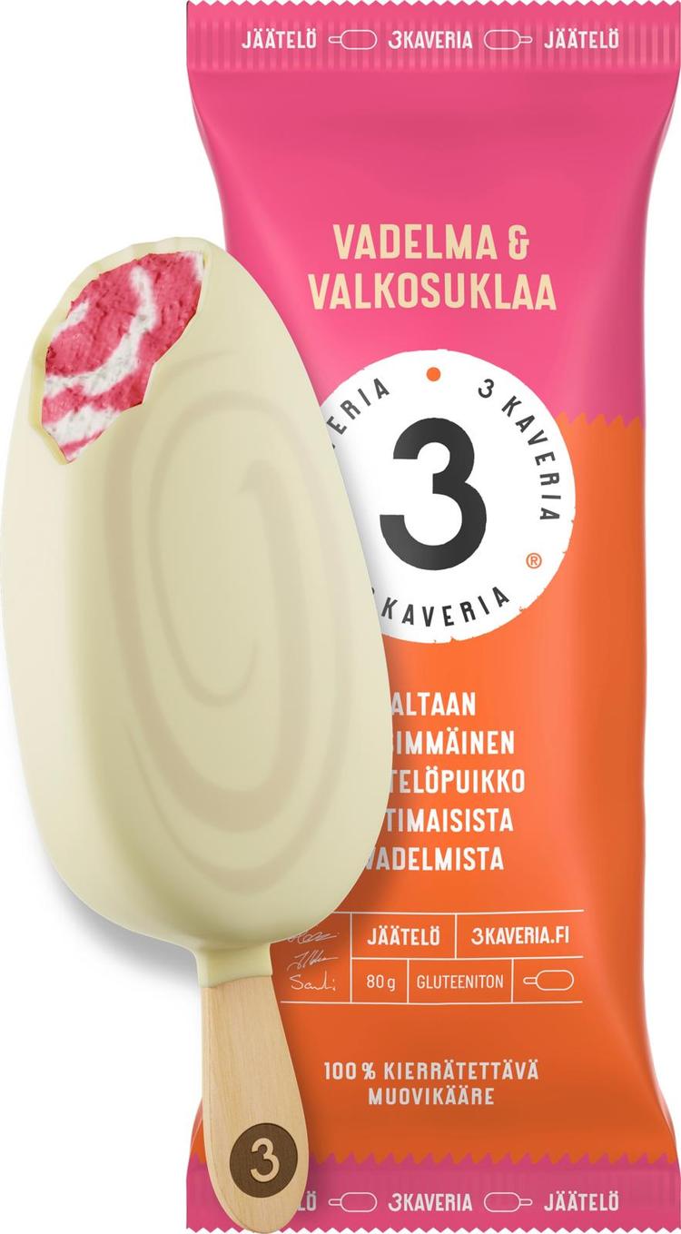 3 Kaveria Vadelma & Valkosuklaa jäätelöpuikko 110ml/80g