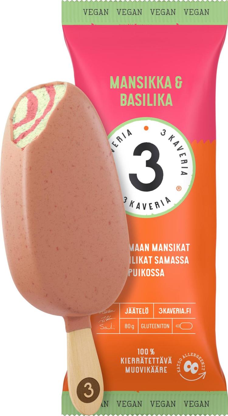 3 Kaveria Vegaaninen Mansikka & Basilika jäätelöpuikko 110ml/80g
