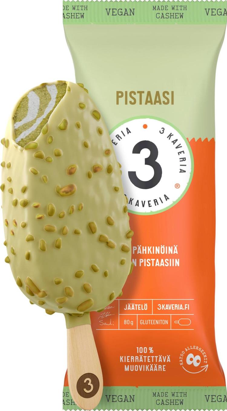 3 Kaveria Vegaaninen Pistaasi jäätelöpuikko 110ml/80g