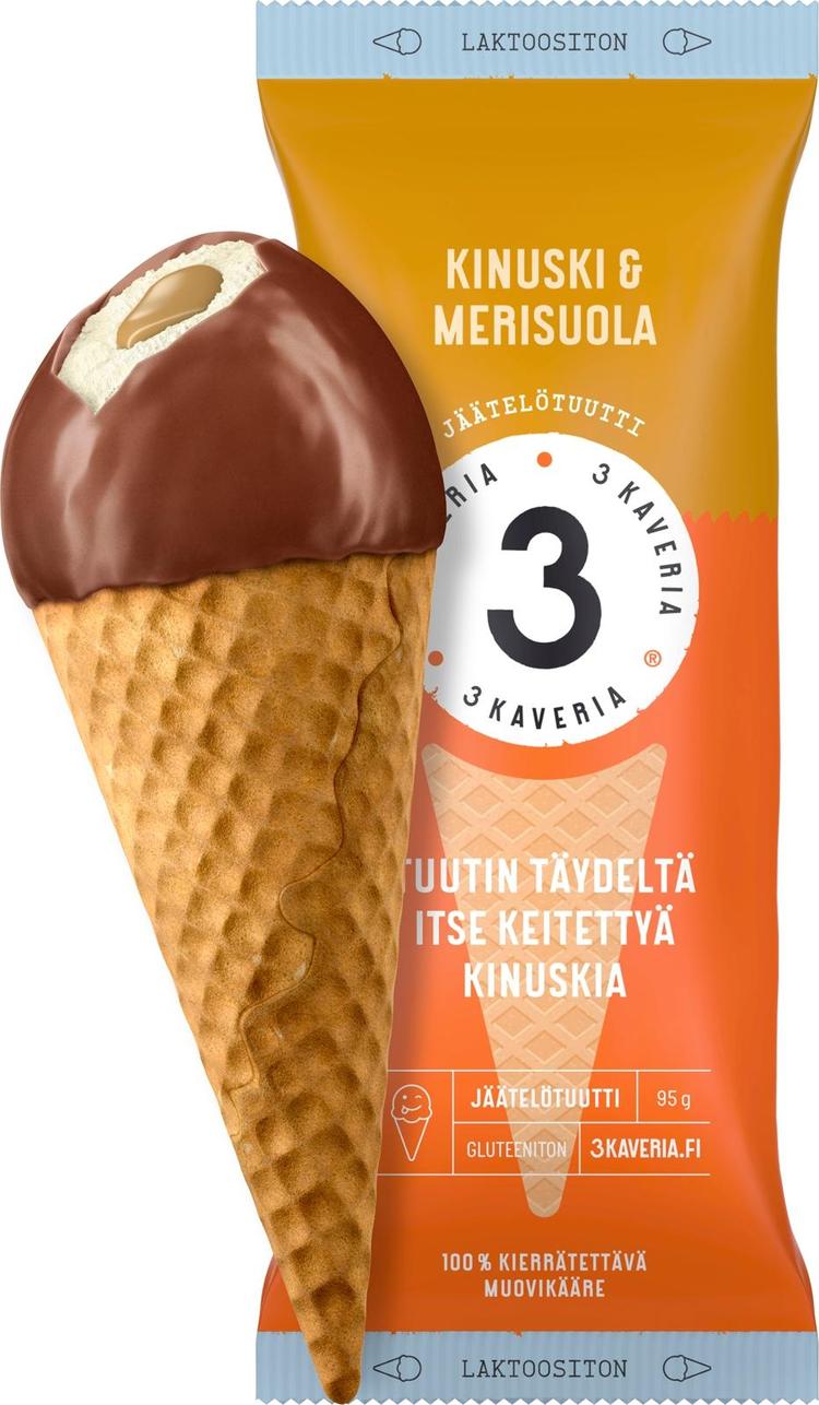 3 Kaveria Laktoositon Kinuski & Merisuola jäätelötuutti 150ml/95g