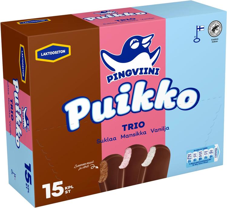 Pingviini Puikko laktoositon kermajäätelöpuikkolajitelma monipakkaus Trio 15x32g