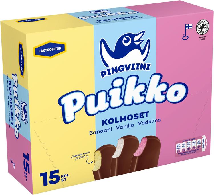 Pingviini Puikko laktoositon kermajäätelöpuikkolajitelma monipakkaus Kolmoset 15x32g