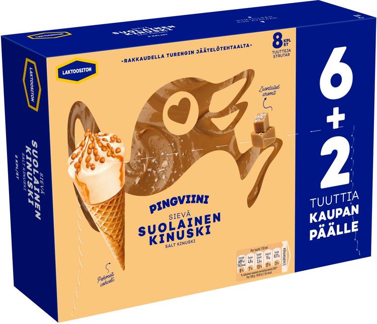 Pingviini Suolainen Kinuski Laktoositon jäätelötuutti monipakkaus 8x67g