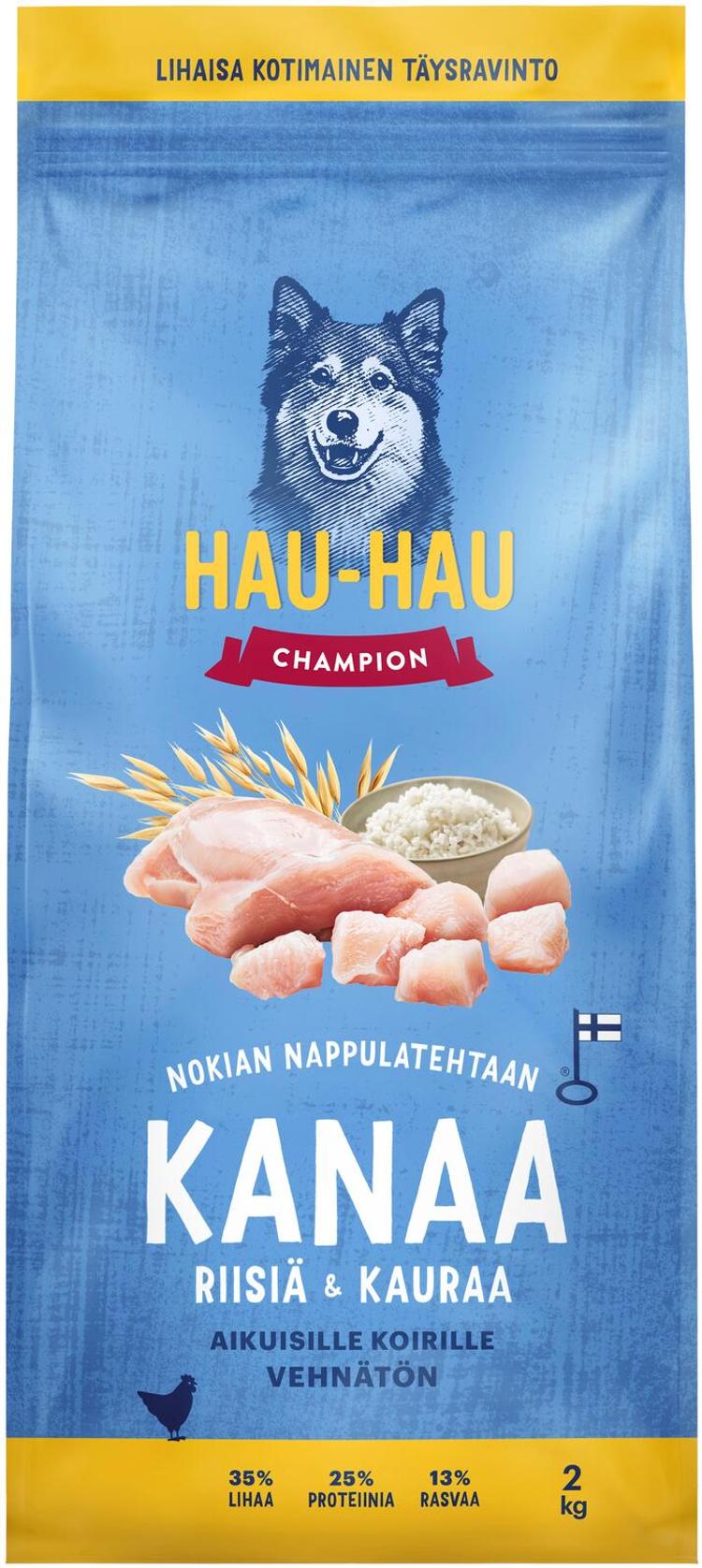 Hau-Hau Champion Nokian Nappulatehtaan Kanaa, riisiä & kauraa täysravinto aikuisille koirille 2 kg