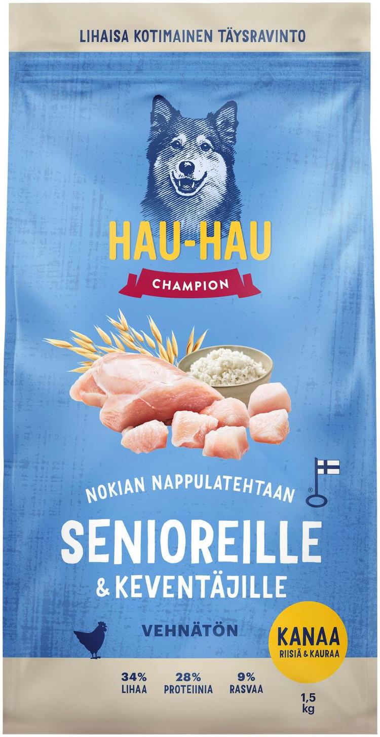 Hau-Hau Champion Nokian Nappulatehtaan Kanaa, riisiä & kauraa täysravinto senioreille ja keventäville 1,5 kg