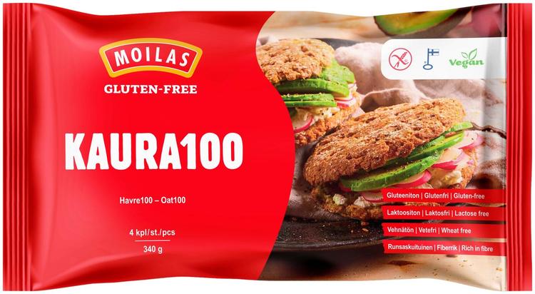 Moilas Gluten-Free Kaura100 palaleipä, halkaistu, 4kpl/340g, kypsäpakaste