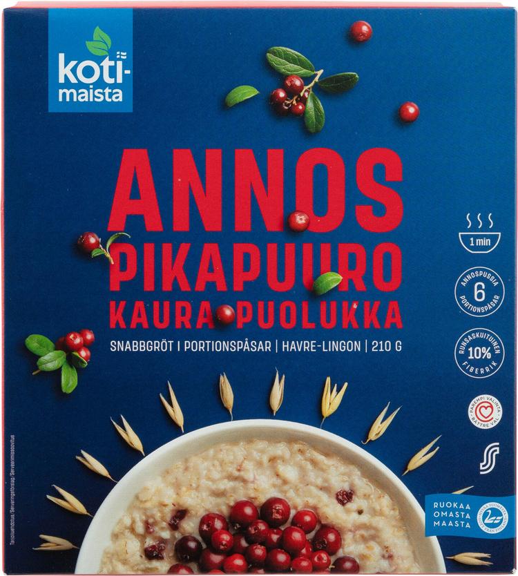 Kotimaista annospikapuuro kaura ja puolukka 210 g (6 x 35 g)