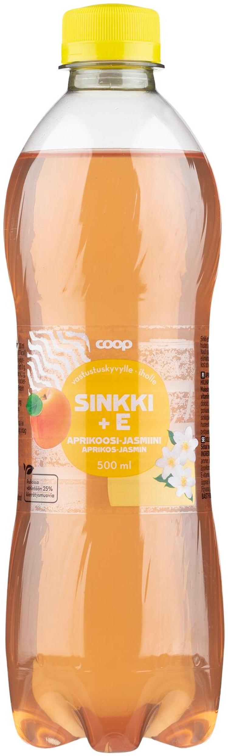 Coop aprikoosi-jasmiini sinkki + E-vitamiini hiilihapotettu juoma 0,5l