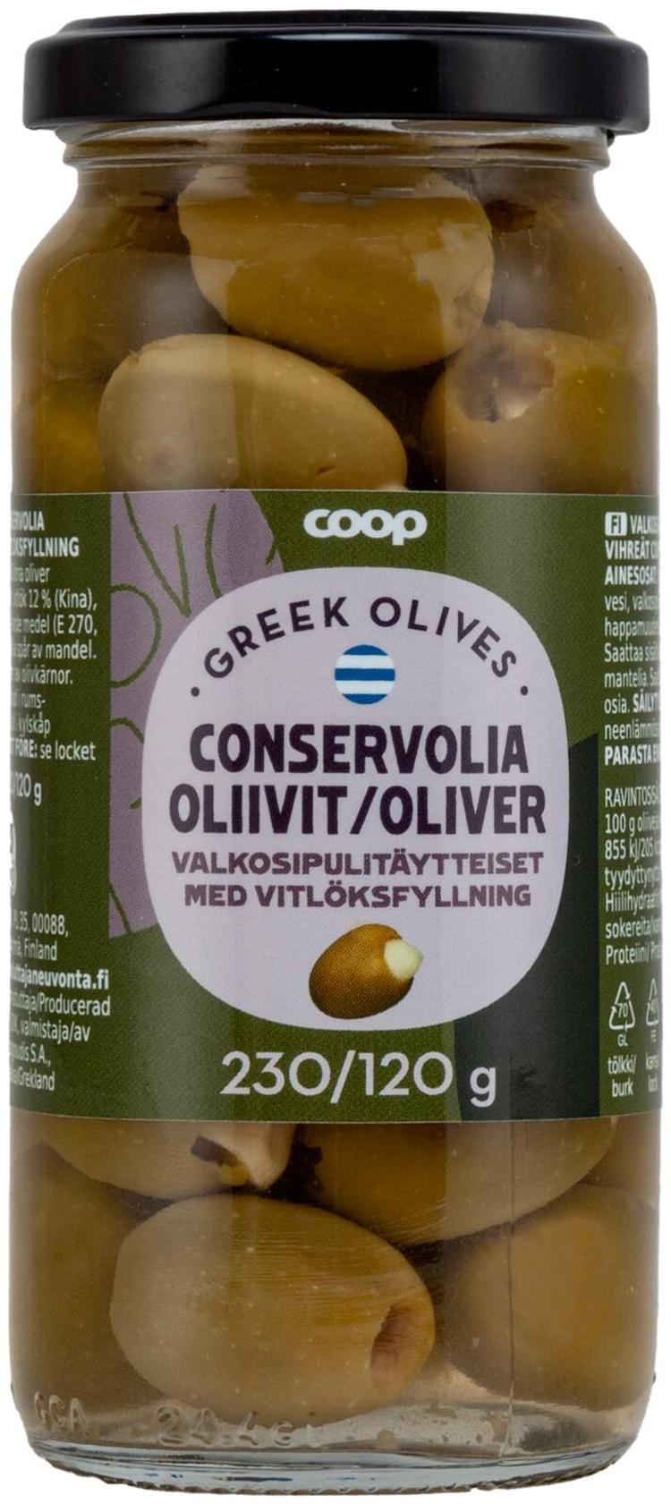 Coop vihreät oliivit valkosipulitäytteellä 240/120 g