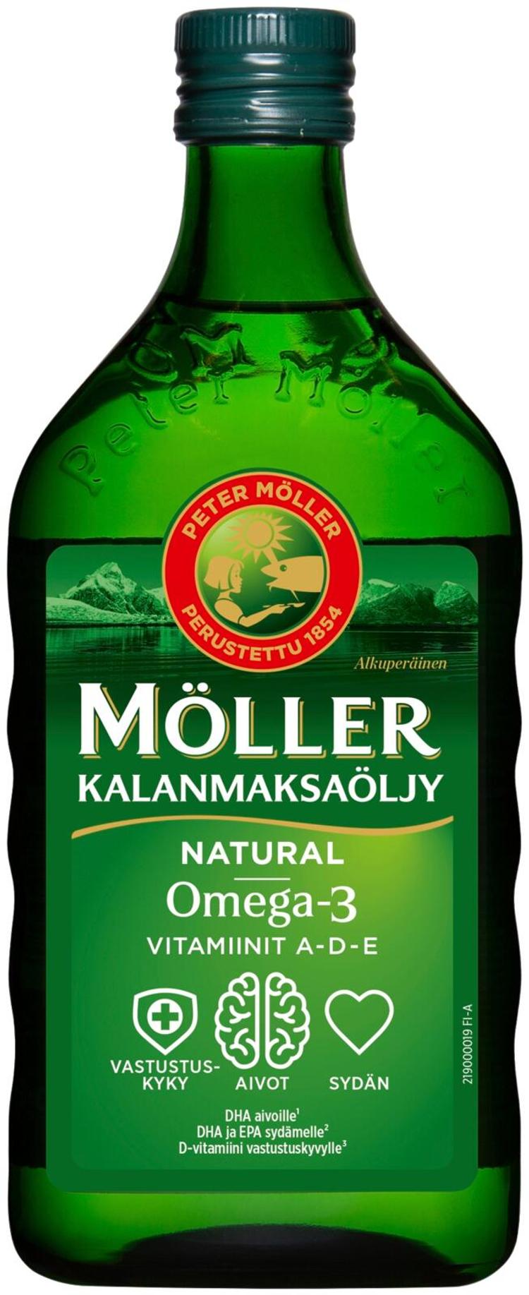 Möller Kalanmaksaöljy Natural Omega-3 Vitamiinit A-D-E ravintolisä 500ml