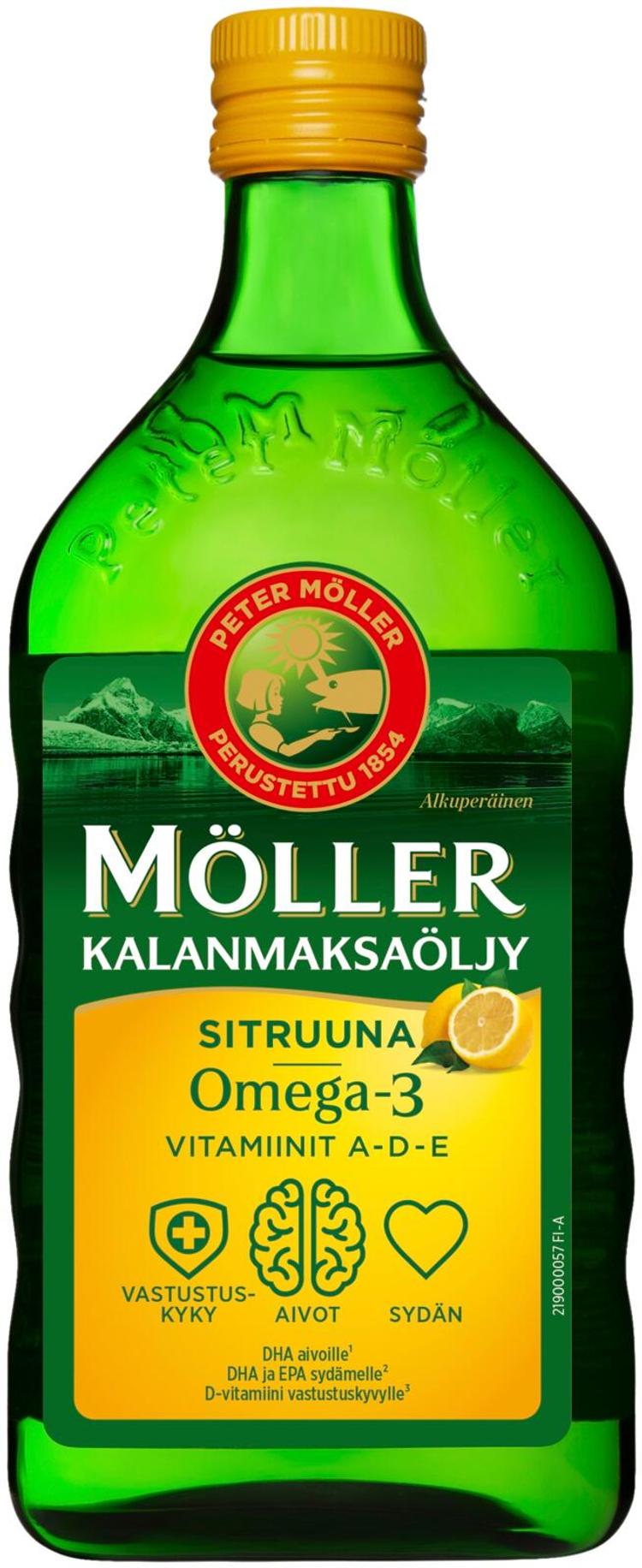 Möller Kalanmaksaöljy Sitruuna Omega-3 Vitamiinit A-D-E ravintolisä 500ml