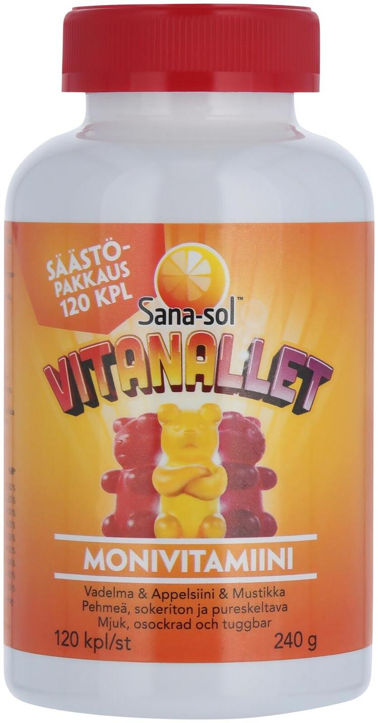 Sana-sol Vitanallet vadelman-, appelsiinin- ja mustikanmakuinen pehmeä, sokeriton ja pureskeltava monivitamiinivalmiste 120kpl