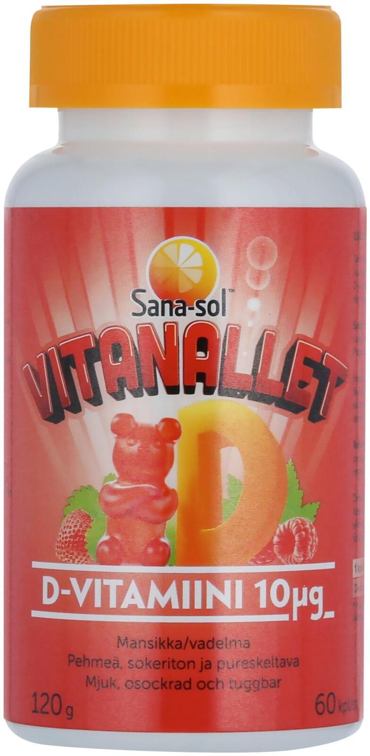 Sana-sol Vitanallet D-vitamiini 10µg Mansikka/vadelma pehmeä, sokeriton ja pureskeltava D-vitamiinivalmiste 60kpl