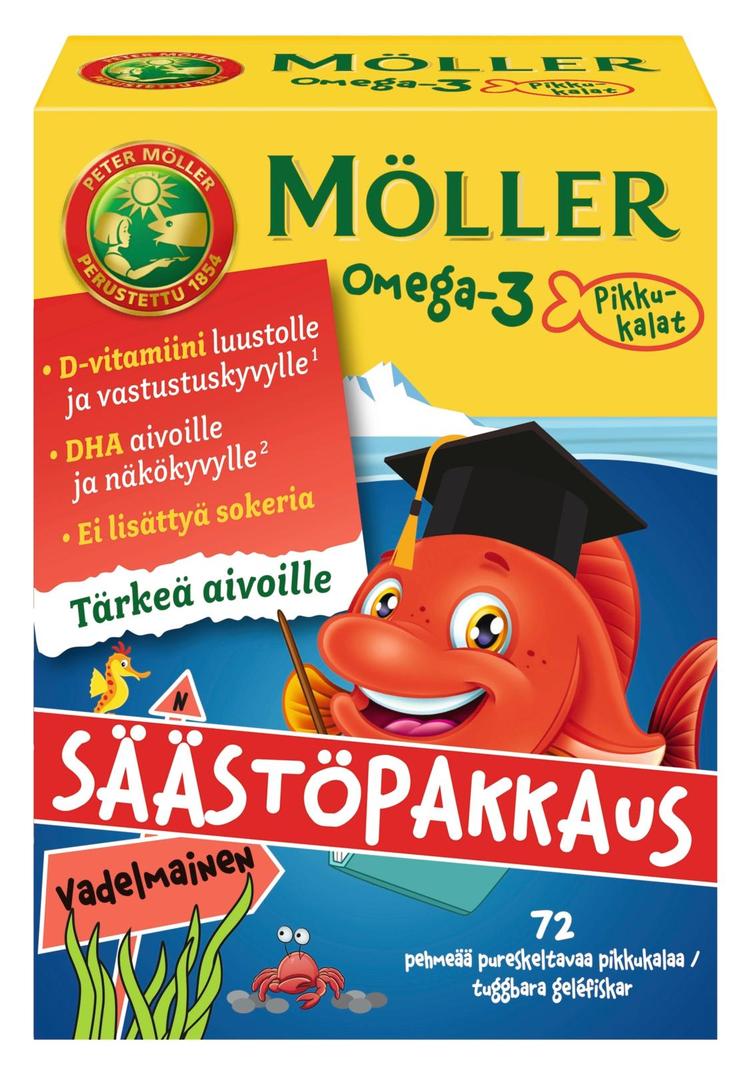 Möller Omega-3 Pikkukalat säästöpakkaus vadelmainen pehmeä pureskeltava 72kpl