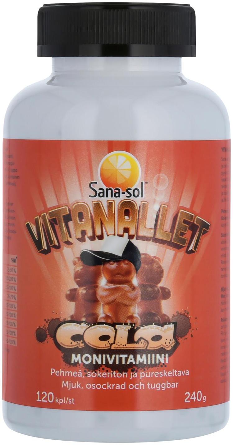 Sana-sol Vitanallet Cola pehmeä, sokeriton ja pureskeltava kolanmakuinen monivitamiinivalmiste ravintolisä 120kpl / 240g