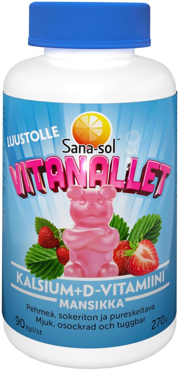 Sana-sol Vitanallet Kalsium+D-vitamiinivalmiste pehmeä, sokeriton, pureskeltava ja mansikanmakuinen ravintolisä 90kpl