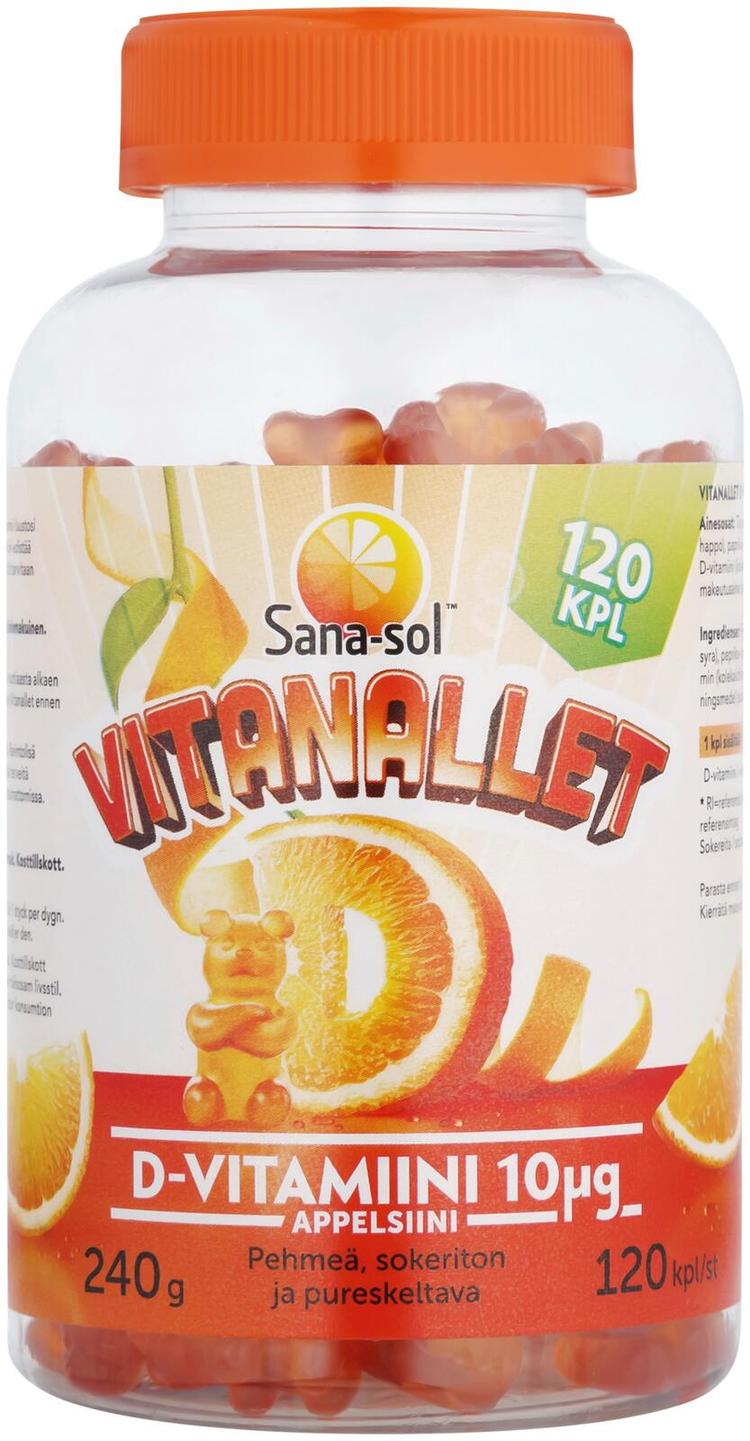 Sana-sol Vitanallet D-vitamiini 10µg appelsiini ravintolisä 120kpl/240g